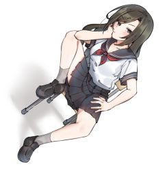 Rule 34 | 1girl, aa211108, black hair, black skirt, blush, commentary, dutch angle, full body, hand on own cheek, hand on own face, head rest, idolmaster, idolmaster cinderella girls, leg up, loafers, long hair, looking at viewer, mukai takumi, neckerchief, on chair, red neckerchief, school uniform, serafuku, shoes, short sleeves, simple background, sitting, skirt, solo, straight hair, v-shaped eyebrows, white background