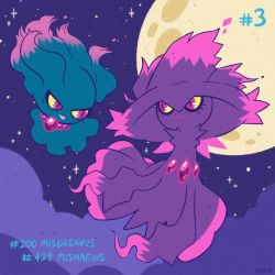 Rule 34 | character name, cloud, cloudy sky, colored sclera, commentary, creature, creatures (company), english commentary, eye contact, fang, floating, full body, full moon, game freak, gen 2 pokemon, gen 4 pokemon, ghost, looking at another, misdreavus, mismagius, moon, night, night sky, nintendo, no humans, outdoors, pokedex number, pokemon, pokemon (creature), purple eyes, sky, star (sky), starry sky, tonestarr, yellow sclera