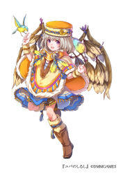 Rule 34 | 1girl, :d, bird, brown footwear, company name, dmm, full body, fur trim, hand up, hands up, hat, hat ornament, looking at viewer, mataichi mataro, medium hair, official art, open mouth, orange hat, purple eyes, simple background, skirt, smile, solo, standing, standing on one leg, tassel, white background, white skirt, wings, wristband, yuba no shirushi