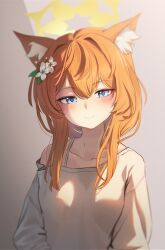 Rule 34 | 1girl, absurdres, animal ear fluff, animal ears, blue archive, blue eyes, blush, breasts, cat ears, chiu538, closed mouth, collarbone, flower, hair between eyes, hair flower, hair ornament, halo, highres, long hair, long sleeves, looking at viewer, mari (blue archive), orange hair, shirt, small breasts, smile, solo, upper body, white flower, white shirt, yellow halo