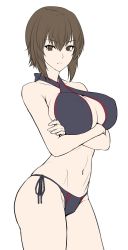 Rule 34 | 10s, 1girl, bikini, black bikini, breast hold, breasts, cleavage, closed mouth, cowboy shot, crossed arms, female focus, flat color, girls und panzer, large breasts, looking at viewer, navel, nishizumi maho, short hair, side-tie bikini bottom, simple background, solo, standing, swimsuit, white background, zucchini