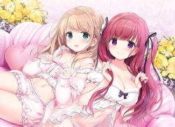Rule 34 | 2girls, :d, aqua eyes, babydoll, bed, blush, braid, breasts, character request, cleavage, detached sleeves, flower, hair flower, hair ornament, hair ribbon, hands up, holding, holding hair, kimishima ao, light brown hair, long hair, long sleeves, looking at viewer, medium breasts, midriff, multiple girls, navel, off shoulder, open mouth, pajamas, panties, pillow, purple eyes, purple hair, ribbon, sidelocks, sitting, sleeves past wrists, small breasts, smile, two side up, underwear, white babydoll, white panties
