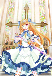 Rule 34 | 1girl, :o, bebemoko, blonde hair, blue bow, blue neckwear, bow, church, cross, cross hair ornament, cross necklace, crown, detached sleeves, dress, feet out of frame, female focus, gloves, green eyes, hair bow, hair ornament, heterochromia, highres, holding, holding sword, holding weapon, indoors, jewelry, long hair, looking at viewer, necklace, pantyhose, red eyes, short sleeves, solo, stained glass, standing, striped clothes, striped legwear, striped pantyhose, sword, vertical-striped clothes, vertical-striped legwear, vertical-striped pantyhose, very long hair, weapon, white dress, white gloves, white legwear
