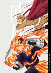 Rule 34 | 2boys, armor, blonde hair, blue bodysuit, bodysuit, boku no hero academia, covered abs, endeavor (boku no hero academia), facial hair, feathered wings, fighting stance, fingerless gloves, from side, gloves, hawks (boku no hero academia), highres, large pectorals, male focus, mature male, multiple boys, muscular, muscular male, pauldrons, pectorals, popo take, red hair, red wings, scar, scar across eye, scar on face, short hair, shoulder armor, sideburns, spiked hair, stubble, vambraces, wings