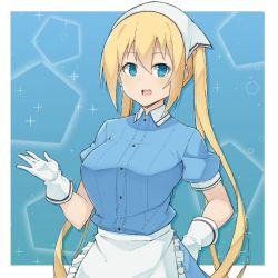 Rule 34 | 1girl, apron, blend s, blonde hair, blue dress, blue eyes, breasts, dress, gloves, hand on own hip, head scarf, hinata kaho, long hair, mzrz, open mouth, pentagon (shape), puffy short sleeves, puffy sleeves, short sleeves, smile, solo, sparkle, stile uniform, twintails, upper body, waist apron