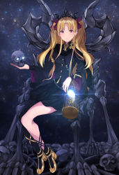 Rule 34 | 1girl, absurdres, asymmetrical legwear, asymmetrical sleeves, black dress, black leotard, blonde hair, blush, bow, breasts, cape, detached collar, dress, earrings, ereshkigal (fate), ereshkigal (third ascension) (fate), fate/grand order, fate (series), gold trim, hair bow, highres, hoop earrings, jewelry, leotard, long hair, looking at viewer, medium breasts, necklace, red bow, red cape, red eyes, short dress, single sleeve, single thighhigh, sitting, skull, sky, smile, solo, star (sky), starry sky, sukuemon, thighhighs, tiara, two side up, uneven legwear, uneven sleeves