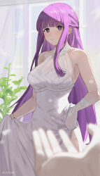 Rule 34 | 1girl, bare shoulders, blunt bangs, blush, chilakkk, clothes lift, commentary, dress, dress lift, fern (sousou no frieren), gloves, highres, lifting own clothes, long hair, open hand, parted lips, pov, purple eyes, purple hair, sleeveless, sleeveless dress, solo, sousou no frieren, white dress, white gloves