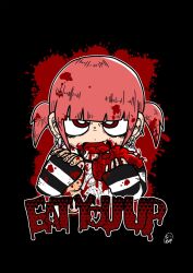Rule 34 | 1girl, black background, blood, blood in hair, blood on clothes, blood on face, blood on hands, blood splatter, cannibalism, chibi, die aria, ear piercing, heart, highres, holding, holding heart, original, piercing, red eyes, red hair, signature, solo, tongue piercing, twintails