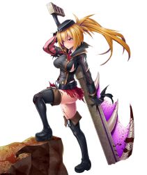 Rule 34 | 1girl, asahi, blonde hair, boots, breasts, covered erect nipples, donna barows, female focus, full body, gloves, hat, highres, large breasts, lilith-soft, long hair, looking at viewer, no bra, ponytail, purple eyes, shiny skin, simple background, skirt, solo, standing, sword, taimanin (series), taimanin asagi, taimanin asagi kessen arena, thigh boots, thighhighs, torn clothes, weapon
