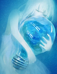 Rule 34 | 1girl, bad id, bad pixiv id, blue theme, dress, earth (planet), closed eyes, keipomjp, light bulb, long hair, hugging object, original, oversized object, silver hair, solo, white dress