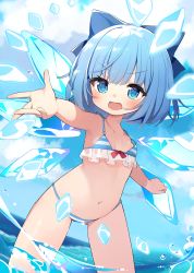 Rule 34 | 1girl, absurdres, bare arms, bare shoulders, bikini, blue bikini, blue bow, blue eyes, blue hair, blue wings, bow, breasts, cho kagaku no rei kyoju, cirno, collarbone, cryokinesis, day, frilled bikini, frills, gluteal fold, hair bow, highres, ice, ice wings, legs apart, looking at viewer, medium hair, micro bikini, navel, ocean, open mouth, outdoors, outstretched arm, small breasts, solo, standing, stomach, striped bikini, striped clothes, summer, swimsuit, touhou, wading, wings
