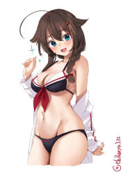 Rule 34 | 1girl, ahoge, bare shoulders, bikini, blush, bow, braid, breasts, brown hair, cowboy shot, cropped legs, ebifurya, groin, hair between eyes, hair bow, hair flaps, hair ornament, hand up, highres, kantai collection, long sleeves, looking at viewer, medium breasts, navel, one-hour drawing challenge, open mouth, red bow, shigure (kancolle), shigure kai ni (kancolle), simple background, single braid, skindentation, sleeves past wrists, smile, solo, sparkle, strap gap, swimsuit, thighs, twitter username, white background