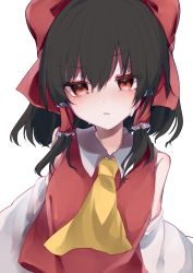 Rule 34 | 1girl, ascot, black hair, blush, bow, closed mouth, detached sleeves, hair bow, hair tubes, hakurei reimu, hayuk0, highres, looking at viewer, red bow, red eyes, red shirt, shirt, short hair, sidelocks, simple background, solo, sweat, touhou, upper body, white background, yellow ascot