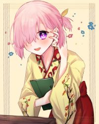 Rule 34 | 1girl, :d, adjusting hair, alternate costume, blush, bow, fate/grand order, fate (series), floral print, framed, hair bow, hair over one eye, hand in own hair, harukappa, highres, japanese clothes, kimono, leaning forward, long sleeves, looking at viewer, mash kyrielight, open mouth, pink hair, print kimono, purple eyes, short hair, smile, solo, standing, yellow bow, yellow kimono