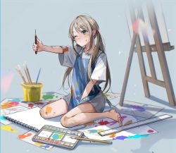 Rule 34 | 1girl, absurdres, apron, arm up, barefoot, between legs, blue apron, blue background, blue eyes, bucket, commentary, easel, english commentary, expressionless, grey shorts, hand between legs, head tilt, highres, holding, holding pencil, looking to the side, on floor, one eye closed, original, outstretched arm, paint, paint on body, paint on clothes, paint splatter, paint splatter on face, paintbrush, palette (object), paper, pencil, ruler, shadow, shirt, short sleeves, shorts, silver hair, simple background, sitting, sketchbook, solo, twintails, utaka (anyoanyot), wariza, white shirt