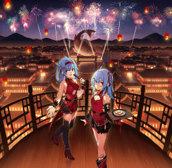 Rule 34 | 2girls, absurdres, aerial fireworks, ahoge, ankleband, architecture, bell, bili girl 22, bili girl 33, bilibili, black legwear, black skirt, blue hair, blush, bracelet, breasts, cityscape, cleavage cutout, clothing cutout, dessert, east asian architecture, fireworks, food, glasses, hair ornament, hair rings, hairband, hairclip, high heels, highres, holding, holding tray, jewelry, jingle bell, kexue, long hair, looking at viewer, medium breasts, mountainous horizon, multiple girls, night, night sky, official art, open mouth, outdoors, railing, red eyes, red footwear, red hairband, red ribbon, ribbon, short hair, side ponytail, sidelocks, skirt, sky, sleeveless, small breasts, smile, standing, thighhighs, tray