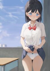 Rule 34 | 1girl, absurdres, black hair, blue eyes, blue skirt, blue sky, blush, bow, bow panties, bowtie, breast pocket, breasts, buttons, classroom, clothes lift, cloud, collarbone, collared shirt, day, desk, highres, indoors, large breasts, lifting own clothes, medium hair, original, panties, pleated skirt, pocket, pomerachi, red bow, red bowtie, school desk, school uniform, shirt, skirt, skirt lift, sky, solo, standing, underwear, white panties, white shirt