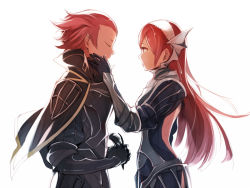 Rule 34 | 1boy, 1girl, armor, back cutout, bare back, black gloves, breastplate, cape, cherche (fire emblem), clothing cutout, crying, closed eyes, fire emblem, fire emblem awakening, gerome (fire emblem), gloves, hairband, hand on another&#039;s cheek, hand on another&#039;s face, hanokage, holding, long hair, mask, unworn mask, mother and son, nintendo, profile, red hair, smile, tears, vambraces, white background