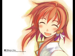 Rule 34 | 1girl, :d, ^ ^, bell, blush, closed eyes, eyebrows, fang, gradient background, hair ornament, hairpin, kusanagi tonbo, long sleeves, open mouth, original, red hair, short hair, short hair with long locks, sidelocks, simple background, smile, solo, upper body, wallpaper, white background