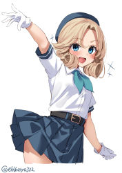 Rule 34 | 1girl, ascot, belt, blonde hair, blue ascot, blue eyes, blue skirt, blush, collared shirt, cowboy shot, ebifurya, gloves, hair between eyes, highres, janus (kancolle), kantai collection, looking at viewer, official alternate costume, one-hour drawing challenge, open mouth, shirt, short hair, simple background, skirt, smile, solo, sparkle, twitter username, white background, white gloves, white shirt