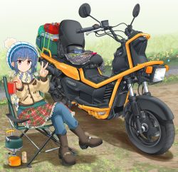 Rule 34 | 1girl, backpacking stove, black footwear, blue hair, blue pants, bobblehat, boots, camping, camping chair, chair, closed mouth, coffee mug, commentary request, crossed legs, cup, denim, fringe trim, grass, highres, holding, holding cup, honda, honda ps250, jeans, kettle, logo, looking at viewer, mikeran (mikelan), motor vehicle, mug, pants, pants under skirt, partial commentary, plaid, plaid skirt, portable stove, propane tank, purple eyes, red skirt, scarf, scooter, shadow, shima rin, short hair, sitting, skirt, smile, solo, thermometer, v, white headwear, white scarf, winter clothes, yurucamp