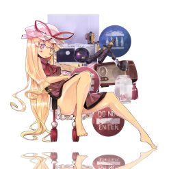 Rule 34 | 1girl, bare legs, barefoot, blonde hair, camera, cigar, female focus, floating, garnet, hat, kiseru, legs, long hair, smoking pipe, purple eyes, radio, reflection, solo, thighs, touhou, yakumo yukari