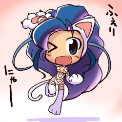 Rule 34 | 1girl, animal ears, animal hands, big hair, blue eyes, blue hair, blush stickers, breasts, capcom, cat ears, cat paws, cat tail, chibi, fang, felicia (vampire), ikkyuu, jumping, long hair, matching hair/eyes, multicolored hair, one eye closed, open mouth, purple hair, small breasts, solo, tail, vampire (game), wink