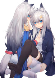 Rule 34 | 2girls, absurdres, animal ear fluff, animal ears, black choker, black hair, black legwear, blue eyes, blue jacket, blush, choker, collarbone, copyright request, grey hair, highres, jacket, jewelry, long sleeves, looking at viewer, multiple girls, necklace, no shoes, ray (pixiv9514208), shorts, simple background, tail, thighhighs, virtual youtuber, white background, white legwear, white shorts, wolf ears, wolf tail, yuri