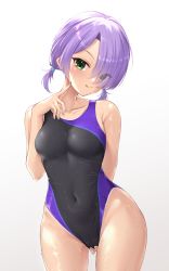 Rule 34 | absurdres, beige background, black one-piece swimsuit, breasts, cafe stella to shinigami no chou, cameltoe, cleft of venus, competition swimsuit, covered navel, covering privates, cowboy shot, gradient background, green eyes, hair over one eye, hand on own crotch, highleg, highleg swimsuit, highres, hiuchidani mei, licking lips, looking at viewer, low twintails, medium breasts, ncontrail (mgax7527), one-piece swimsuit, purple hair, short hair, standing, swimsuit, tan, tanline, tongue, tongue out, twintails, two-tone swimsuit, wet, wet clothes, wet swimsuit, white background