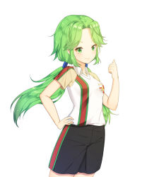 Rule 34 | 1girl, bad id, bad pixiv id, black shorts, blush, breasts, character request, closed mouth, copyright request, green eyes, green hair, hair tubes, hand on own hip, long hair, looking at viewer, medium breasts, shorts, smile, soccer uniform, sportswear, tp (kido 94), twintails