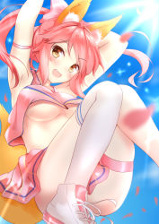 Rule 34 | 1girl, :d, animal ears, armpits, bad id, bad pixiv id, blue sky, blush, bow, breasts, cloud, day, fate/grand order, fate (series), fox ears, fox tail, hair bow, highres, legs, long hair, looking at viewer, medium breasts, open mouth, petals, pink bow, pink hair, pink skirt, single thighhigh, skirt, sky, smile, solo, sunlight, tail, tamamo (fate), tamamo no mae (fate/extra), thighhighs, underboob, white thighhighs, yellow eyes, yuuyu (yuuyu015)