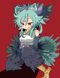 Rule 34 | animal ears, blue hair, blush, feathers, fox ears, fox tail, harpy, monster girl, new years (artist), original, pixiv sample, red eyes, remiria27, tail, talons, tongue