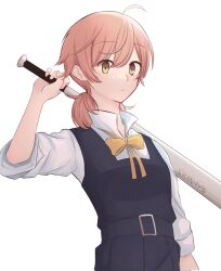 Rule 34 | 1girl, ahoge, artist name, baseball bat, black dress, bow, bowtie, brown eyes, closed mouth, collared shirt, commentary, dress, dress shirt, hair between eyes, highres, holding, holding baseball bat, koito yuu, looking at viewer, low twintails, orange hair, pinafore dress, pleated dress, school uniform, shanays, shirt, short twintails, simple background, sleeveless, sleeveless dress, sleeves past elbows, sleeves rolled up, solo, tohmi higashi high school uniform, twintails, upper body, white background, white shirt, yagate kimi ni naru, yellow bow, yellow bowtie