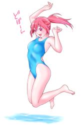 Rule 34 | 1girl, absurdres, barefoot, blue one-piece swimsuit, breasts, commentary request, competition swimsuit, covered navel, full body, highres, jumping, long hair, macosee, one-piece swimsuit, open mouth, original, ponytail, red eyes, red hair, simple background, small breasts, smile, solo, swimsuit, white background