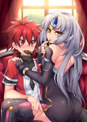 Rule 34 | 1boy, 1girl, chocolate, code: nemesis (elsword), detached sleeves, elsword, elsword (character), eve (elsword), fi-san, forehead jewel, highres, long hair, lord knight (elsword), mouth hold, red eyes, red hair, silver hair, thighhighs, valentine, yellow eyes