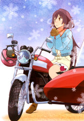 Rule 34 | 10s, 1girl, absurdres, boots, brown eyes, brown hair, casual, drink, highres, moritomo nozomi, motor vehicle, motorcycle, non-web source, nyantype, official art, scarf, snow, solo, the rolling girls, vehicle, winter