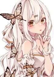 Rule 34 | 1girl, bare shoulders, blush, bug, butterfly, crescent, crescent earrings, detached sleeves, dress, earrings, grey hair, hair between eyes, hair ornament, hairclip, hand up, highres, insect, jewelry, long hair, looking at viewer, luna s210, off-shoulder dress, off shoulder, original, solo, upper body, white background, white dress, white hair, yellow butterfly, yellow eyes, yellow nails