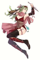 Rule 34 | 1girl, alternate costume, arm guards, armpits, arms up, bare shoulders, black thighhighs, breasts, cleavage, dress, female focus, fire emblem, fire emblem awakening, fire emblem heroes, full body, green eyes, green hair, hair ornament, headgear, highres, holding, holding weapon, japanese clothes, kunai, large breasts, matching hair/eyes, ninja, nintendo, pelvic curtain, pointy ears, red dress, sakuremi, sandals, scarf, shin guards, skindentation, sleeveless, solo, thigh strap, thighhighs, thighs, tiki (adult) (fire emblem), tiki (fire emblem), weapon, white background