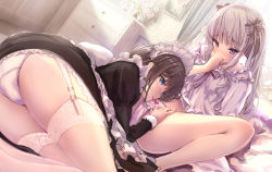 Rule 34 | 2girls, ass, black dress, blue eyes, blush, bow, bow panties, brown hair, chest of drawers, closed mouth, commentary request, dress, dutch angle, flower, garter straps, groin, hair between eyes, hair bow, highres, indoors, juliet sleeves, light brown hair, long hair, long sleeves, maid headdress, missile228, multiple girls, original, painting (object), panties, parted lips, picture frame, pink flower, pink rose, puffy sleeves, purple eyes, rose, smile, spread legs, striped, striped bow, thighhighs, two side up, underwear, very long hair, white dress, white legwear, white panties, yuri