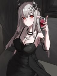 Rule 34 | 1girl, absurdres, alcohol, arknights, bare shoulders, black choker, black dress, breasts, choker, cleavage, cross, cross necklace, cup, curtains, d.c. (dc), dress, drink, earrings, fingernails, hair between eyes, hair ornament, highres, holding, holding cup, horns, indoors, jewelry, large breasts, light smile, long hair, mudrock (arknights), mudrock (obsidian) (arknights), necklace, official alternate costume, pointy ears, red eyes, red wine, simple background, sitting, solo, white hair, wine