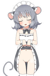 Rule 34 | 1girl, alternate costume, animal ears, blush, bow, bowtie, breath, closed eyes, collar, commentary, cowboy shot, detached collar, dress, enmaided, flat chest, gluteal fold, grey bow, grey bowtie, grey dress, grey hair, highres, lifting own clothes, maid, maid headdress, mouse ears, mouse girl, mouse tail, navel, nazrin, nihohohi, pussy, pussy juice, short hair, simple background, solo, strapless, strapless dress, tail, thighhighs, touhou, two-tone dress, white background, white collar, white dress, white thighhighs, wrist cuffs