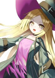 1girl absurdres belt black_coat black_shorts blonde_hair breasts coat counter:side dress hat highres lapels laura_beatrix lawheon long_hair long_sleeves looking_at_viewer open_clothes open_mouth parted_bangs pink_dress shorts small_breasts solo torn_clothes v-shaped_eyebrows white_background witch_hat yellow_eyes