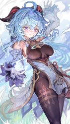 Rule 34 | 1girl, ahoge, arm up, bare shoulders, bell, black horns, blue hair, bodysuit, breasts, brown bodysuit, closed mouth, commentary request, cowbell, detached sleeves, ganyu (genshin impact), genshin impact, goat horns, horns, long hair, looking at viewer, medium breasts, orb, purple eyes, smile, solo, standing, thighs, voruvoru