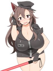 Rule 34 | animal ears, black hat, breasts, brown hair, commentary request, dress, fang, fingerless gloves, gloves, hat, imaizumi kagerou, large breasts, long hair, police, police uniform, policewoman, red eyes, skin fang, solo, tight clothes, tight dress, touhou, traffic baton, traffic officer, unadare, uniform, wolf ears, zipper