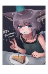 Rule 34 | 1girl, animal ears, arknights, blue eyes, blush, cake, food, grey hair, highres, looking at viewer, oudonium, smile, solo, sussurro (arknights), tank top, twitter, upper body, v