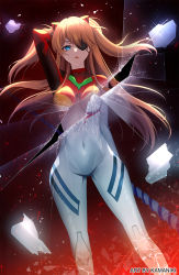 Rule 34 | 1girl, alternate costume, artist request, blue eyes, blush, bodysuit, breasts, brown hair, covered navel, cowboy shot, curvy, evangelion: 3.0+1.0 thrice upon a time, eyepatch, gloves, hair ornament, highres, holding, holding weapon, lance of longinus (evangelion), long hair, looking at viewer, medium breasts, neon genesis evangelion, one eye covered, plugsuit, polearm, rebuild of evangelion, red bodysuit, skin tight, solo, souryuu asuka langley, twintails, two side up, upper body, very long hair, weapon, white bodysuit