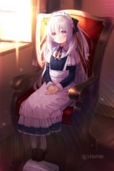 Rule 34 | 1girl, apron, armchair, bow, bowtie, chair, commentary request, hair between eyes, hair bow, hair ribbon, hyouka (yashiro sousaku), long hair, long sleeves, looking at viewer, maid, maid apron, maid headdress, one side up, orange eyes, original, pantyhose, ribbon, shoes, sidelocks, sitting, smile, solo, sunlight, usume shirou, v arms, white hair, white pantyhose, window
