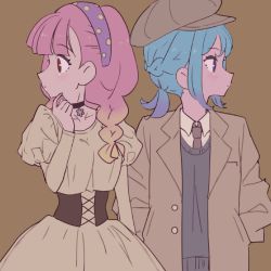 Rule 34 | 2girls, aikatsu! (series), aikatsu friends!, bad id, bad pixiv id, black choker, black sweater, blue bow, blue hair, blunt bangs, blush, bow, braid, brown background, brown corset, brown eyes, brown headwear, brown jacket, brown neckwear, cabbie hat, choker, collarbone, collared jacket, collared shirt, corset, dress, flat color, french braid, gradient hair, hair over shoulder, hairband, hand up, hands in pockets, hat, highres, jacket, kaoryu-kun, limited palette, long hair, long sleeves, looking away, looking to the side, minato mio, multicolored hair, multicolored hairband, multiple girls, necktie, open clothes, open jacket, orange hair, pink hair, polka dot hairband, puffy sleeves, purple eyes, purple hair, purple hairband, shiny skin, shirt, short twintails, sidelocks, simple background, sweater, twin braids, twintails, upper body, white dress, white shirt, yellow hairband, yuri, yuki aine