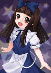 Rule 34 | 1girl, :d, absurdres, apron, arms up, blue bow, blue dress, blue ribbon, blunt bangs, bow, brown eyes, brown hair, commentary request, cowboy shot, dress, frilled shirt collar, frills, hair bow, happy, highres, kspica i, long hair, looking at viewer, no wings, open mouth, puffy short sleeves, puffy sleeves, purple background, ribbon, short sleeves, sidelocks, simple background, smile, solo, star (symbol), star sapphire, starry background, teeth, touhou, upper teeth only, waist apron