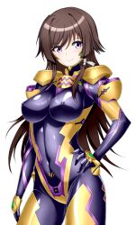Rule 34 | 1girl, absurdres, armored bodysuit, black bodysuit, bodysuit, brown hair, commentary request, covered erect nipples, cyborg-institute, fortified suit, hand on own hip, headgear, highres, long hair, looking at viewer, multicolored bodysuit, multicolored clothes, muv-luv, muv-luv alternative, muv-luv total eclipse, pilot suit, purple bodysuit, purple eyes, skin tight, smile, solo, standing, takamura yui, white background, yellow bodysuit
